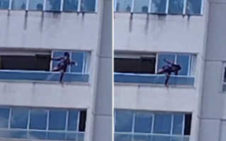 Mulher se arrisca para limpar janela do lado de fora em cobertura de prédio de Goiânia; vídeo